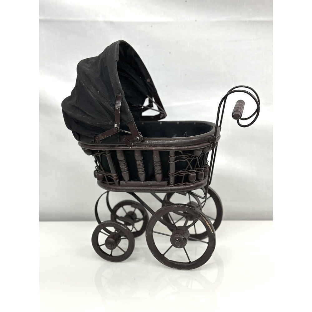 Vintage Miniature Doll Carriage Wicker Wood Metal Pram Brown Black Decor Prop